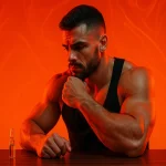 مرد بدنساز عضلانی در حال نگاه کردن به یک آمپول استروئید با نگرانی. نشان دهنده عوارض جانبی استروئید