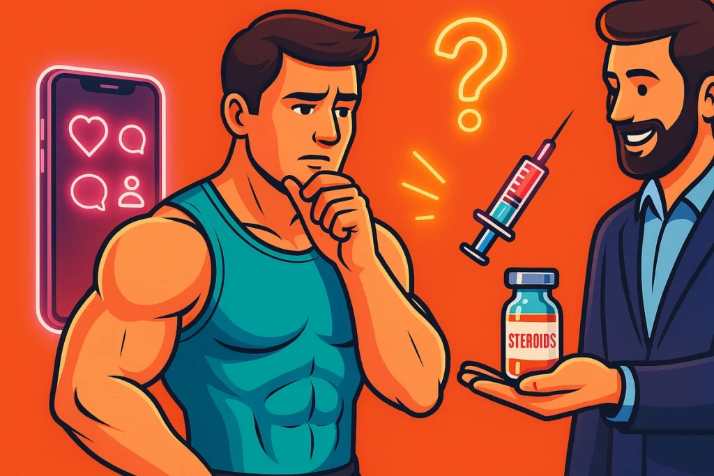 ورزشکار وسوسه‌شده در حال نگاه کردن به آمپول، تحت تاثیر تبلیغات یا فشار اجتماعی
