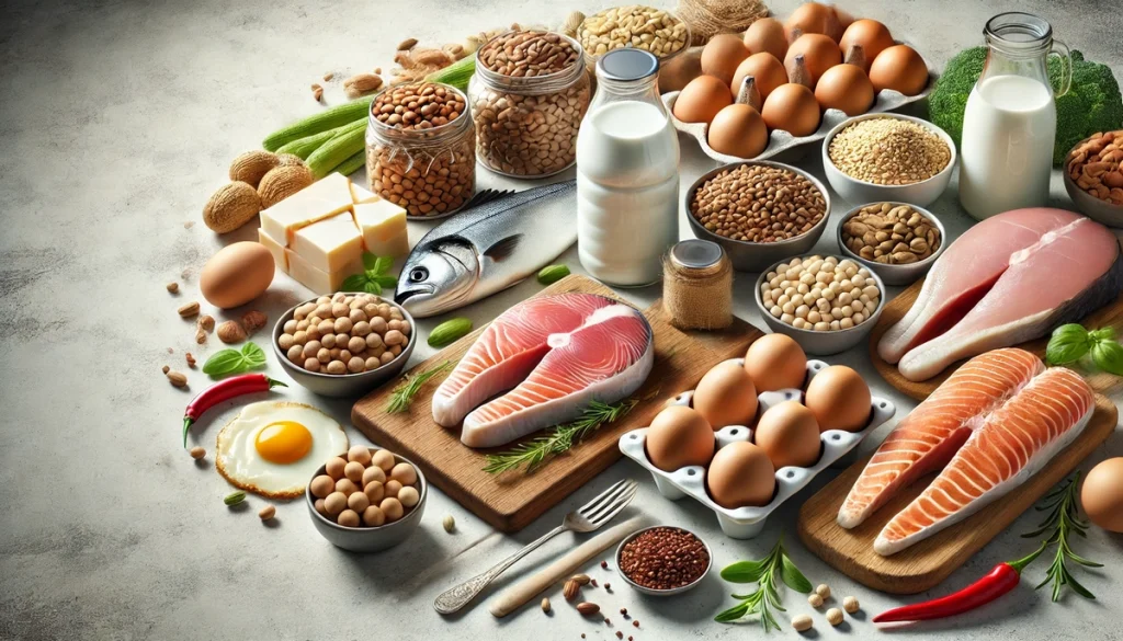 منابع پروتئین شامل مرغ، ماهی، تخم‌مرغ و حبوبات روی میز تمیز و جذاب.