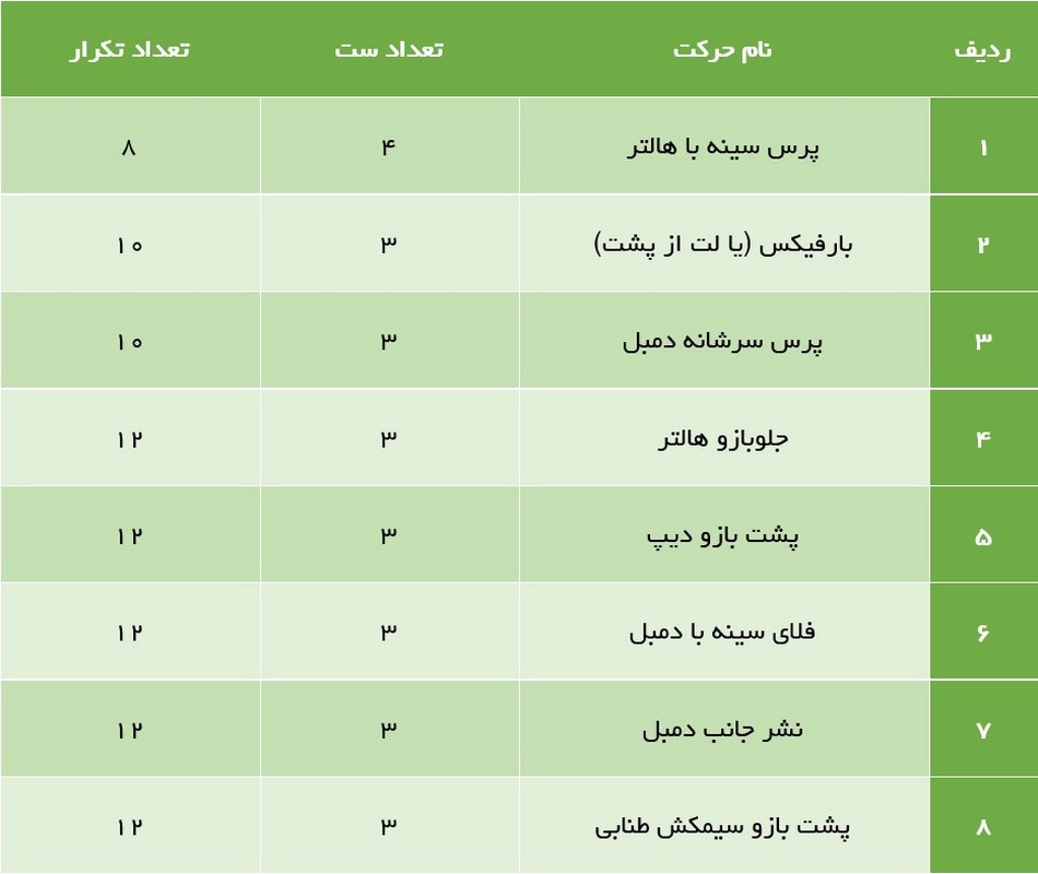 برنامه تمرین بدنسازی مبتدی بالا تنه برای افزایش قدرت