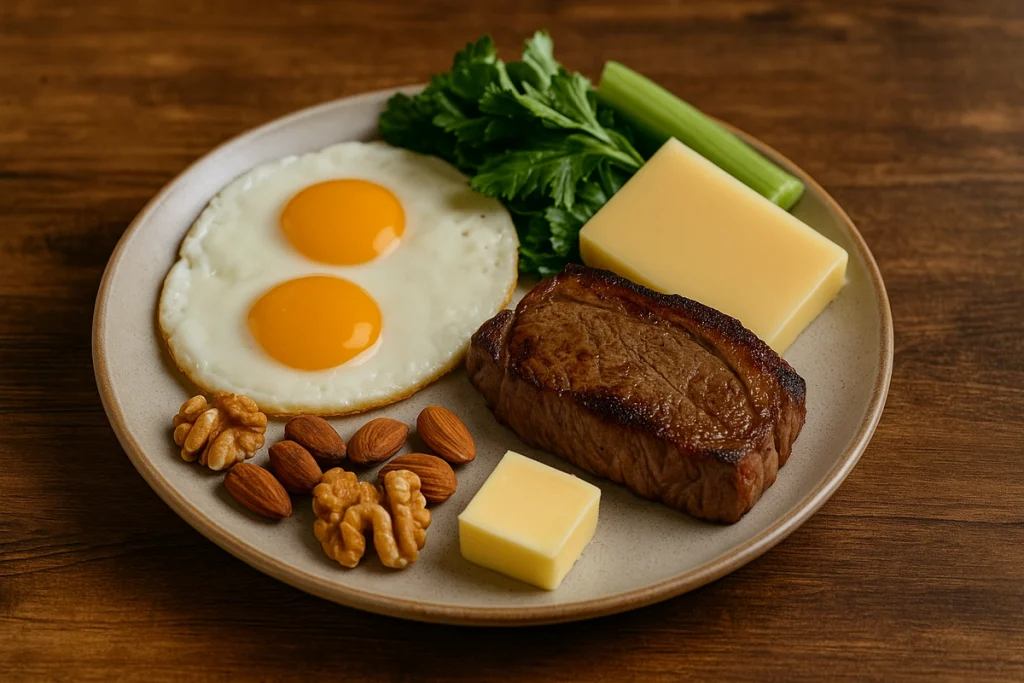 بشقاب رژیم آنابولیک شامل تخممرغ نیمرو، گوشت گریلشده، پنیر، مغزها و سبزیجات سبز مناسب روزهای کمکربوهیدرات