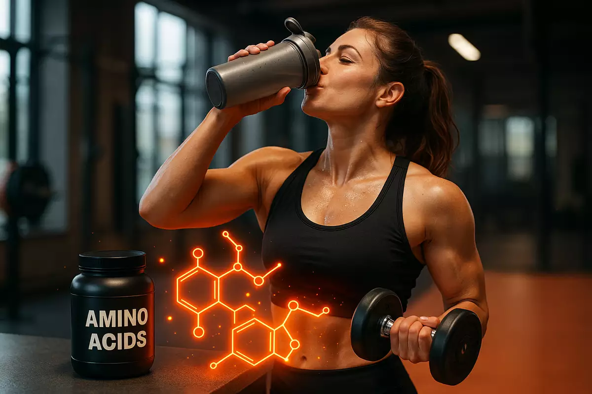 تصویر حرفه‌ای از مکمل‌های مختلف آمینو اسید مانند BCAA، گلوتامین و آرژنین برای چربی‌سوزی در بدنسازی