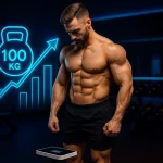 بدنساز حرفه‌ای در حال مشاهده ترازو یا آینه با بدن عضلانی و نمودار افزایش وزن