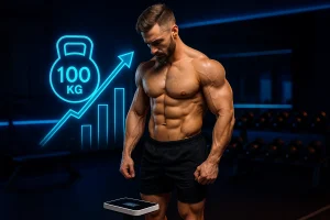 بدنساز حرفه‌ای در حال مشاهده ترازو یا آینه با بدن عضلانی و نمودار افزایش وزن