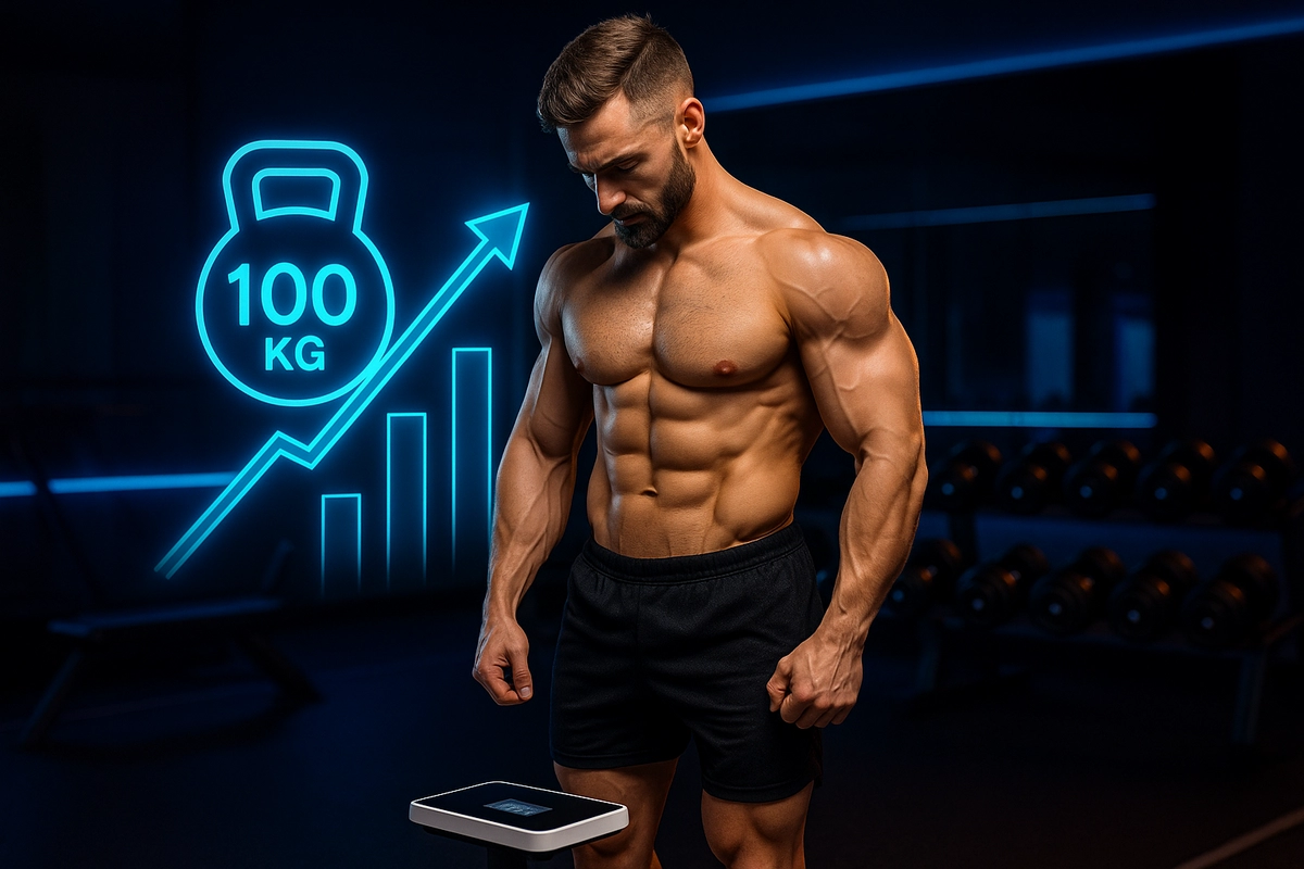بدنساز حرفه‌ای در حال مشاهده ترازو یا آینه با بدن عضلانی و نمودار افزایش وزن