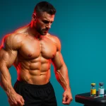 تصویر بدنساز حرفه‌ای با بدن خشک در باشگاه و دو ویال تزریقی ترنبولون و سوماتروپین روی میز کنارش