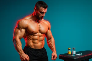 تصویر بدنساز حرفه‌ای با بدن خشک در باشگاه و دو ویال تزریقی ترنبولون و سوماتروپین روی میز کنارش
