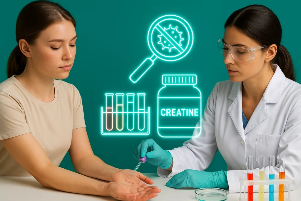دکتر یا آزمایشگاه در حال انجام تست آلرژی روی ورزشکار مرتبط با مکمل کراتین