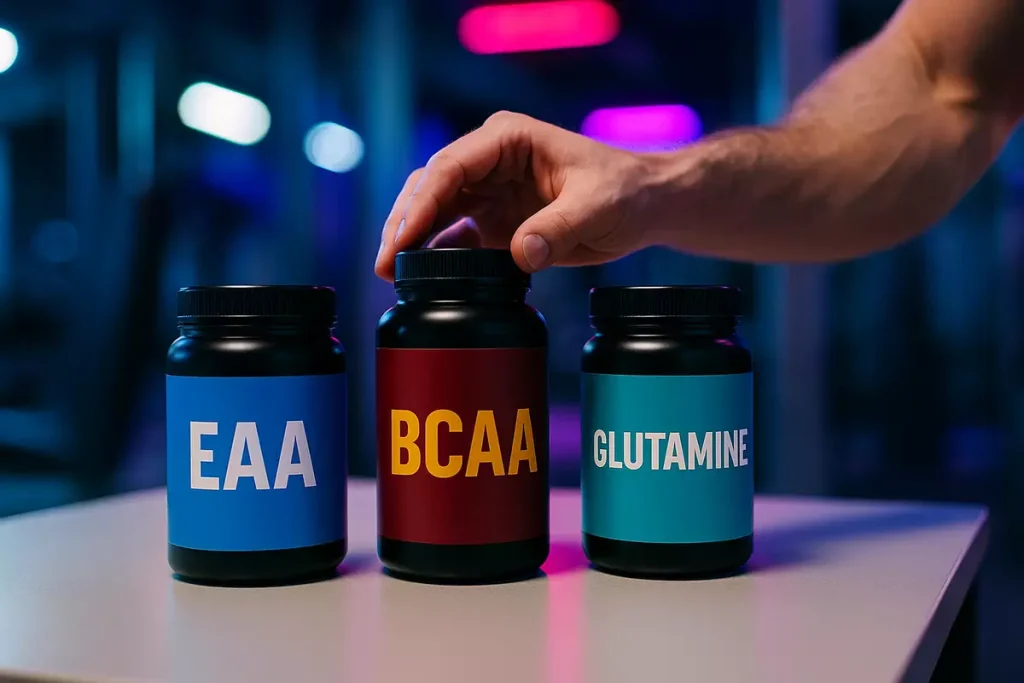 تصویر سه مکمل BCAA، گلوتامین و EAA روی میز، با دست ورزشکار در حال انتخاب یکی از آنها، نماد مقایسه آمینواسیدها در بدنسازی