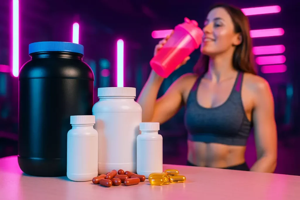 تصویر مکمل‌های ورزشی شامل پودر پروتئین وی، BCAA، مولتی‌ویتامین و شیک پروتئینی روی میز