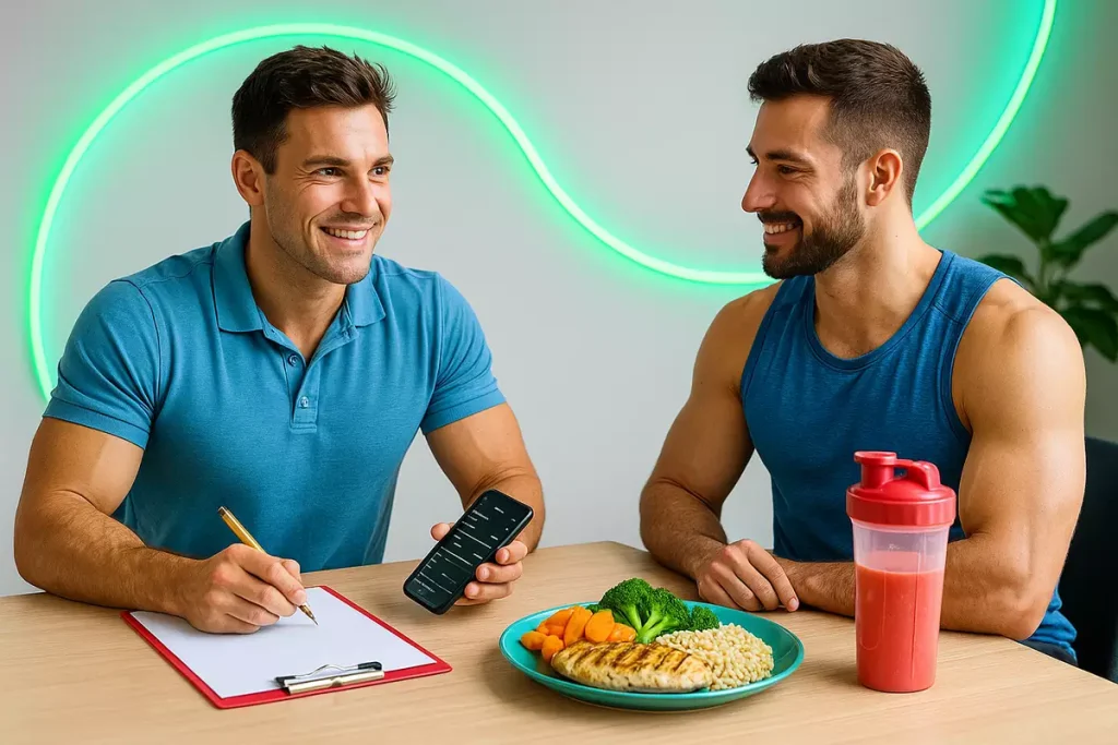 مربی بدنسازی و شاگرد در حال بررسی برنامه غذایی شامل مرغ گریل، سبزیجات و شیک پروتئین