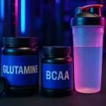 تصویر مکمل‌های گلوتامین و BCAA کنار شیکر ورزشی و ساعت باشگاه برای نشان دادن بهترین زمان مصرف