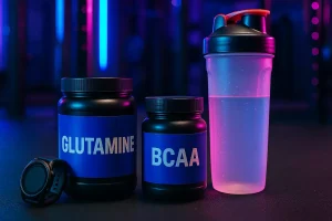 تصویر مکمل‌های گلوتامین و BCAA کنار شیکر ورزشی و ساعت باشگاه برای نشان دادن بهترین زمان مصرف