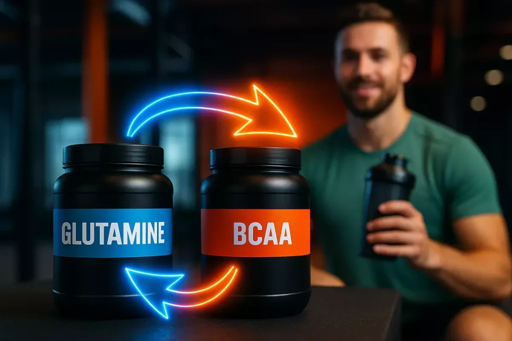 تصویر دو مکمل گلوتامین و BCAA با فلشهای چرخشی در باشگاه برای نشان دادن نحوه مصرف همزمان