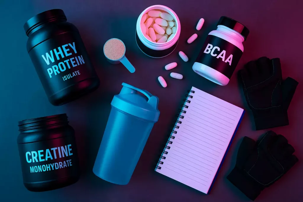 نمای بالا از میز با مکملهای پروتئین وی، کراتین، BCAA و دفترچه برنامه تمرین و تغذیه