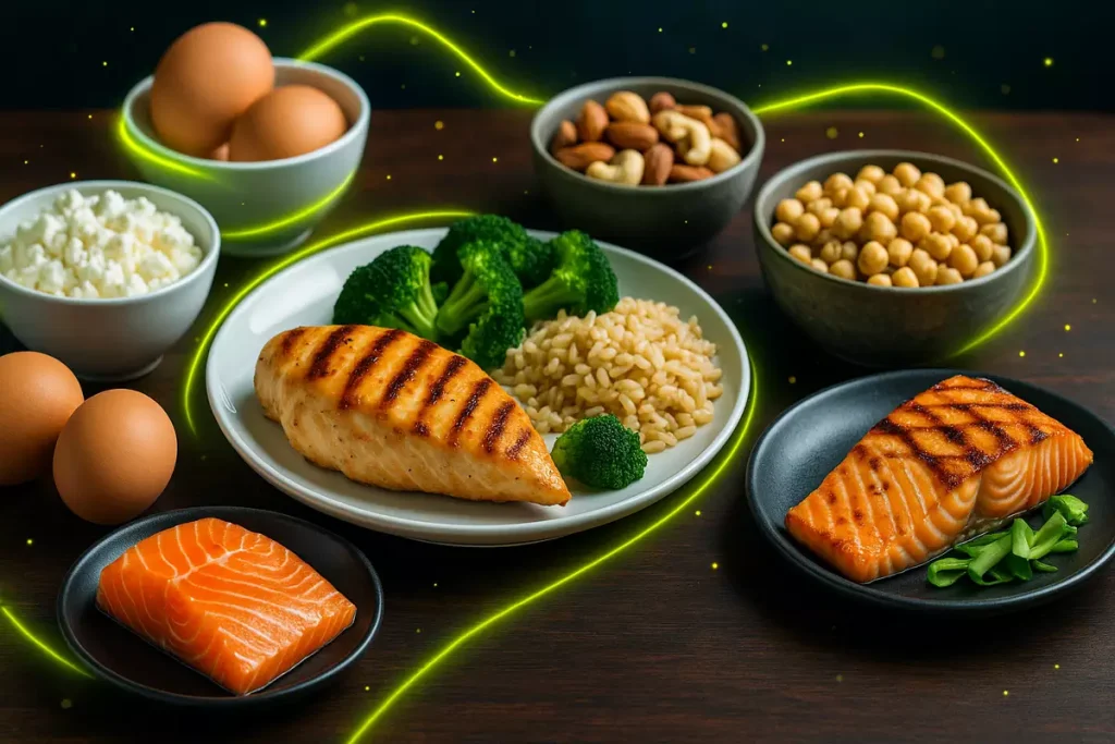 ترکیب غذایی سالم شامل مرغ گریل، ماهی سالمون، تخم‌مرغ، سبزیجات و آجیل برای عضله‌سازی بدون مکمل