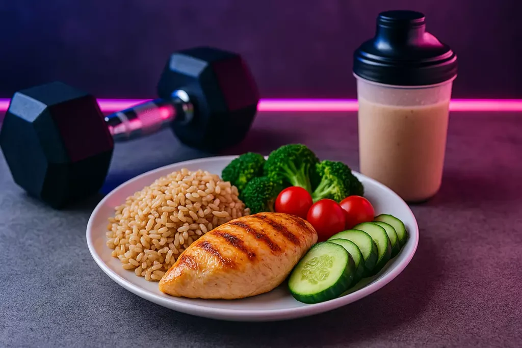 ترکیب مرغ گریل، برنج و سبزیجات به همراه شیک پروتئینی برای رشد عضلات پا