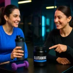 مربی بدنسازی در حال آموزش طریقه صحیح مصرف گلوتامین به بانوی ورزشکار در باشگاه