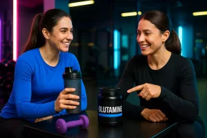 مربی بدنسازی در حال آموزش طریقه صحیح مصرف گلوتامین به بانوی ورزشکار در باشگاه