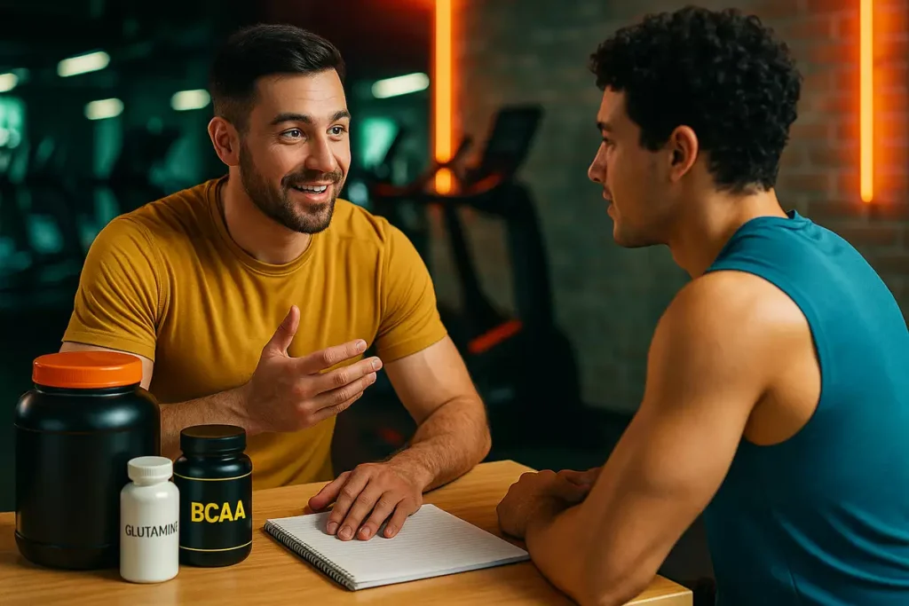 تصویر مربی حرفهای بدنسازی در حال مشاوره به شاگرد با مکملهای گلوتامین و BCAA روی میز برای ریکاوری بهتر