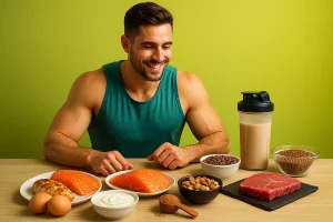 ۱۰ غذای پروتئینی برتر برای بدنسازان شامل مرغ، تخم مرغ، ماهی، گوشت قرمز، ماست یونانی، عدس، لوبیا، وی پروتئین، کازئین و آجیل.