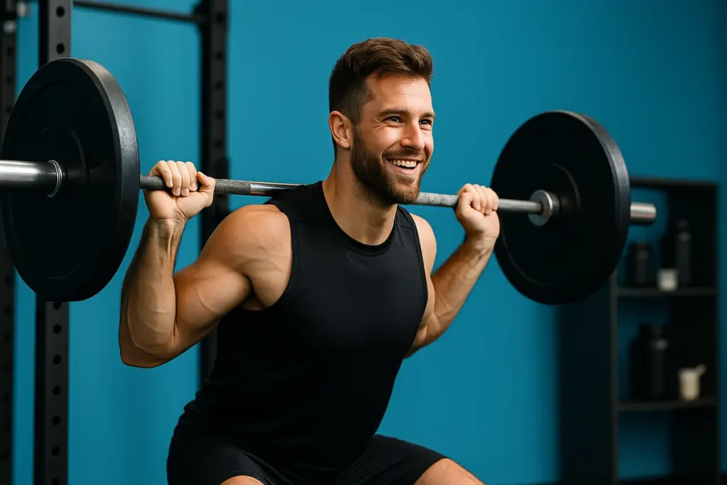 ورزشکار در حال تمرین قدرتی با مکمل‌های وی، کراتین و گلوتامین روی نیمکت، نماد عدم تداخل و افزایش کارایی