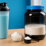 تصویر واقعی مکمل‌های وی پروتئین، کراتین و گلوتامین روی میز ورزشی برای نشان دادن مصرف همزمان