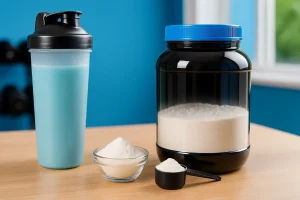 تصویر واقعی مکمل‌های وی پروتئین، کراتین و گلوتامین روی میز ورزشی برای نشان دادن مصرف همزمان