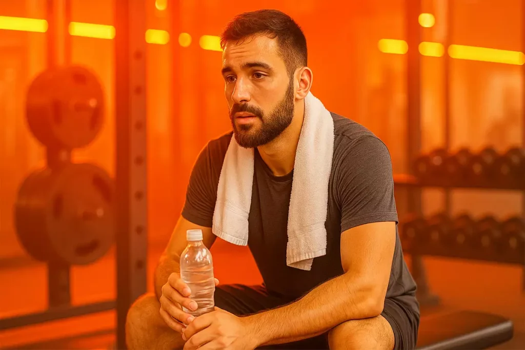 ورزشکار در حال استراحت با حوله و بطری آب در باشگاه به نشانه اهمیت ریکاوری و تعداد جلسات تمرین