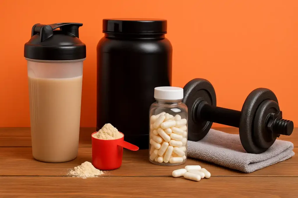 تصویر مکمل‌های ورزشی شامل پروتئین وی، کراتین و BCAA روی میز در کنار دمبل به‌عنوان بهترین مکمل‌های دوران کات