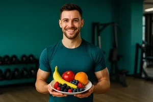 بدنساز در باشگاه با بشقاب میوه متنوع برای انرژی و ریکاوری