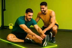 مربی ورزشی در حال کمک به ورزشکار برای کشش پا جهت کاهش درد عضلانی بعد از تمرین