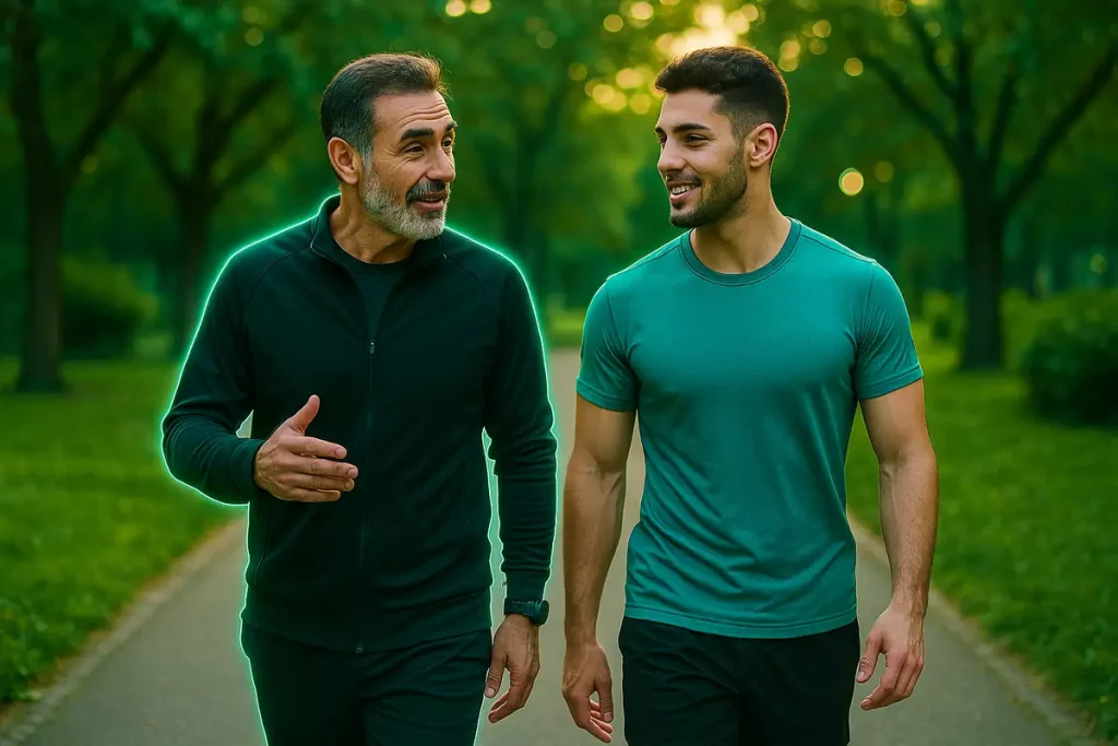 مربی و ورزشکار ایرانی در حال پیاده‌روی زیر نور آفتاب در پارک، نماد توصیه‌های کاربردی برای دریافت ویتامین D