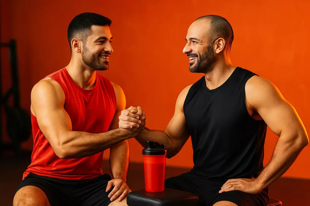 مربی و شاگرد در باشگاه در حال دست دادن و مصرف شیک پروتئین بعد از تمرین