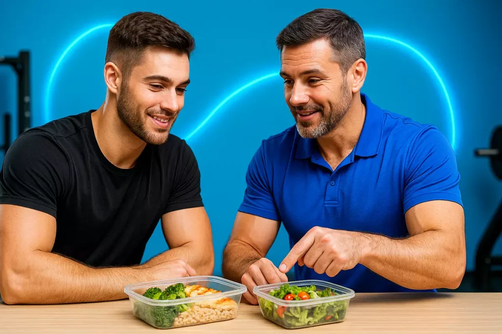 مربی ورزشی مرد در حال توصیه غذایی به شاگرد خود با دو ظرف غذای سالم برای افزایش انرژی و عملکرد بهتر