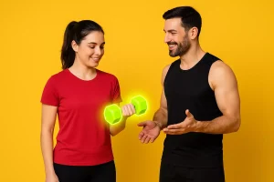 مربی بدنسازی در حال آموزش انتخاب دمبل به ورزشکار