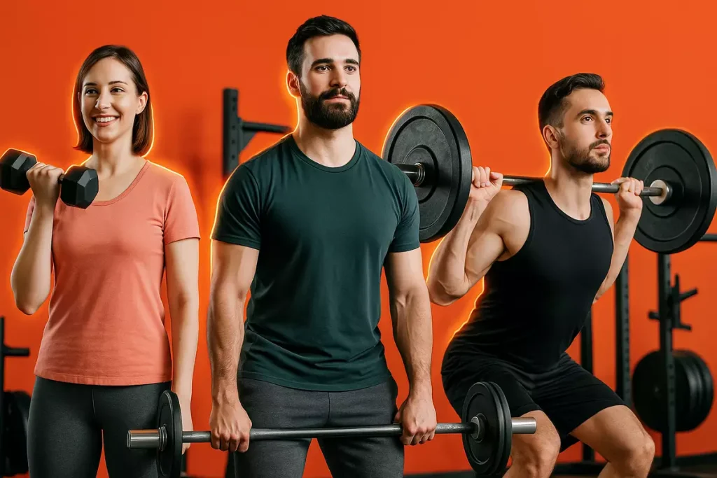 سه ورزشکار با سطح مبتدی، متوسط و حرفه‌ای در حال تمرین نشان‌دهنده تفاوت تجربه و اهداف تمرینی