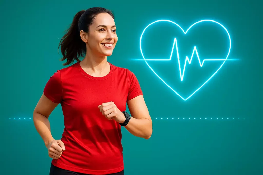 زن ورزشکار با تی‌شرت قرمز در حال پیاده‌روی برای سلامت قلب و عروق