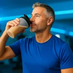 ورزشکار بالای ۴۰ سال در حال نوشیدن شیک پروتئین بعد از تمرین برای حفظ عضله و انرژی