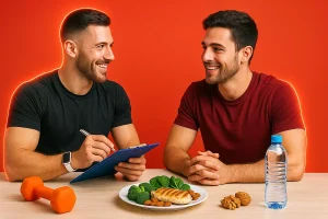 تصویر مربی بدنسازی در حال مشاوره تغذیه سالم به ورزشکار با بشقاب غذای سالم و دمبل برای رسیدن به تناسب اندام