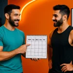 تصویر مربی بدنسازی ایرانی در حال توضیح برنامه هفتگی تمرین به شاگرد در باشگاه با تقویم روزهای هفته