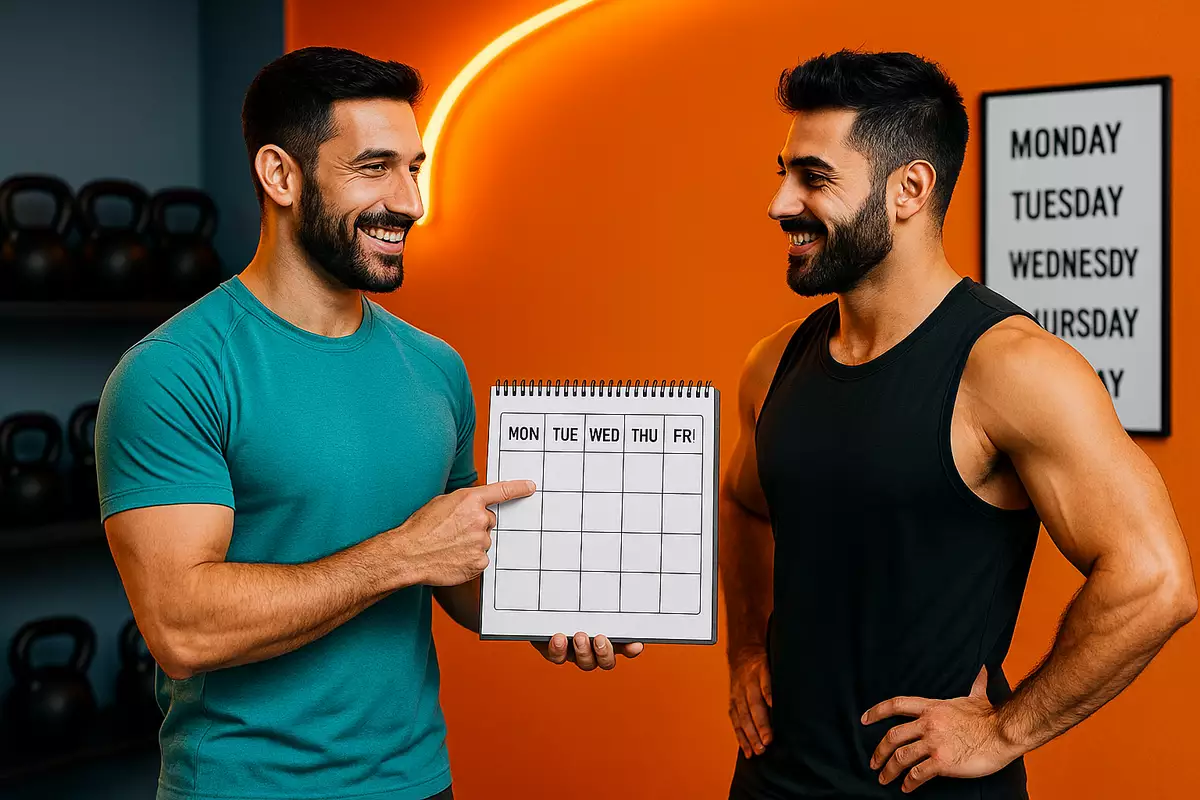 تصویر مربی بدنسازی ایرانی در حال توضیح برنامه هفتگی تمرین به شاگرد در باشگاه با تقویم روزهای هفته