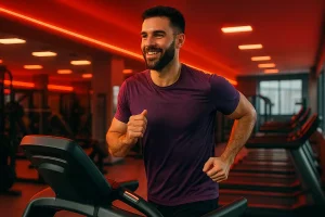 تصویر واقعی ورزشکار مرد در حال دویدن روی تردمیل در باشگاه برای نمایش تعادل بین کاردیو و عضله‌سازی