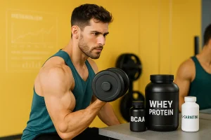 بدنساز در باشگاه با بدن خشک و خط‌دار، در کنار مکمل‌های ورزشی مثل وی پروتئین و BCAA