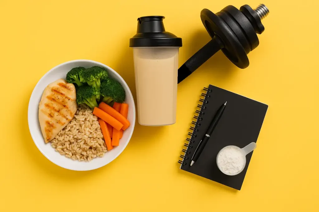 میز غذا شامل مرغ گریل و سبزیجات در کنار شیک پروتئین و دمبل، نماد تعادل رژیم و مکمل