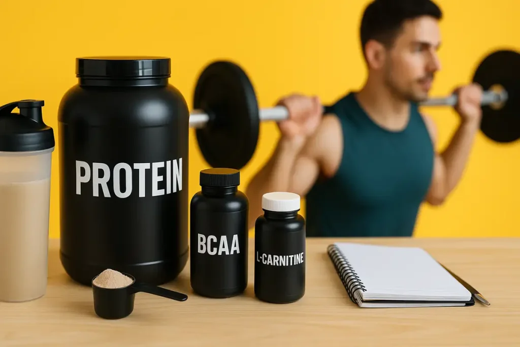 مکمل‌های ورزشی شامل وی پروتئین، BCAA و ال‌کارنیتین روی میز تمرینی با شیکر ورزشی