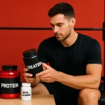 ورزشکار در حال بررسی مکمل‌های بدنسازی روی میز در باشگاه