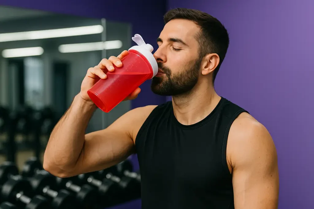 ورزشکار آماده تمرین در حال نوشیدن مکمل پمپ قبل تمرین