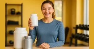 خانم ورزشکار در حال بررسی مکمل‌های بدنسازی برای انتخاب درست