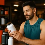 تصویر واقعی از ورزشکار مرد در باشگاه که با تردید به مکمل‌ها نگاه می‌کند؛ موضوع افزایش تستوسترون با مکمل‌های بدنسازی